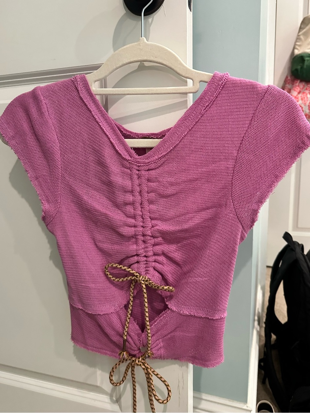 Free People Mauve-Pink Hot Mesh Tee Cropped Tie-Back Top
